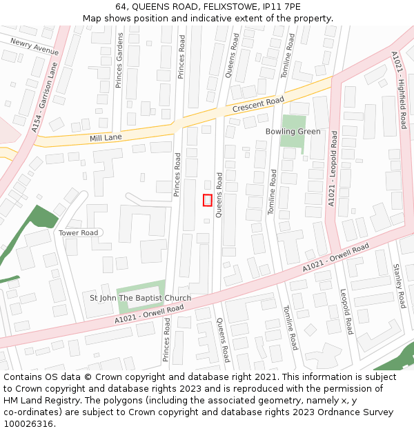 64, QUEENS ROAD, FELIXSTOWE, IP11 7PE: Location map and indicative extent of plot