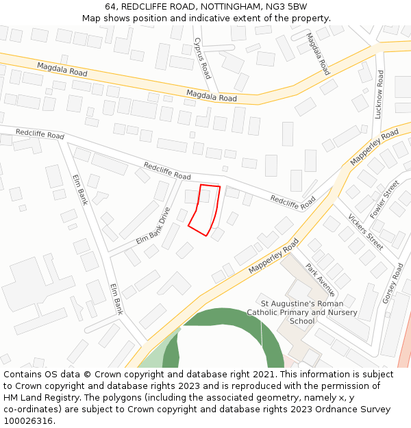 64, REDCLIFFE ROAD, NOTTINGHAM, NG3 5BW: Location map and indicative extent of plot