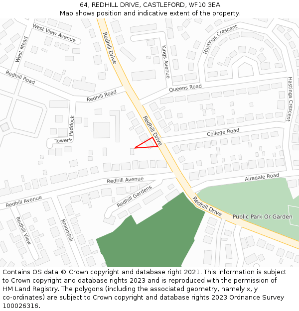 64, REDHILL DRIVE, CASTLEFORD, WF10 3EA: Location map and indicative extent of plot