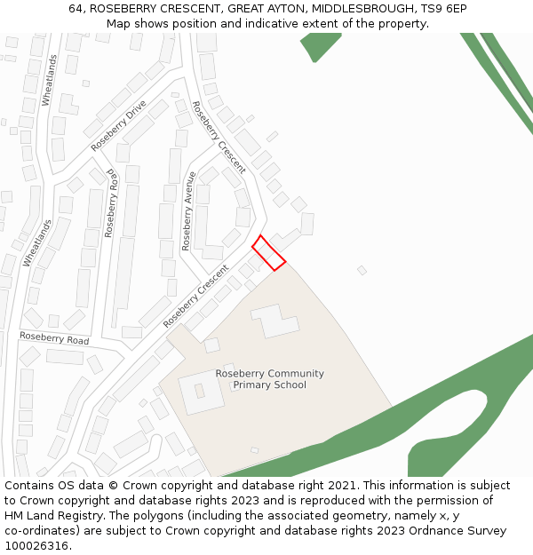 64, ROSEBERRY CRESCENT, GREAT AYTON, MIDDLESBROUGH, TS9 6EP: Location map and indicative extent of plot