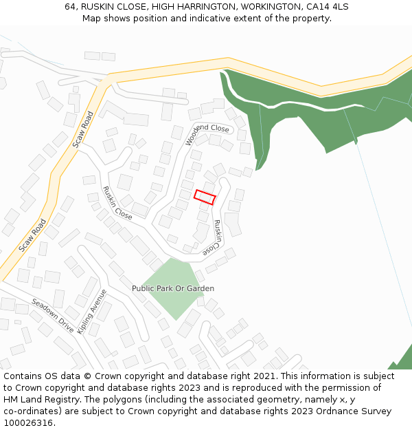 64, RUSKIN CLOSE, HIGH HARRINGTON, WORKINGTON, CA14 4LS: Location map and indicative extent of plot