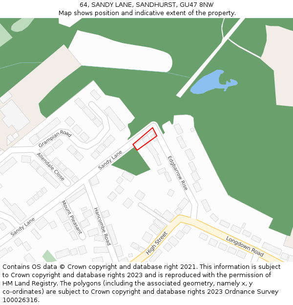 64, SANDY LANE, SANDHURST, GU47 8NW: Location map and indicative extent of plot