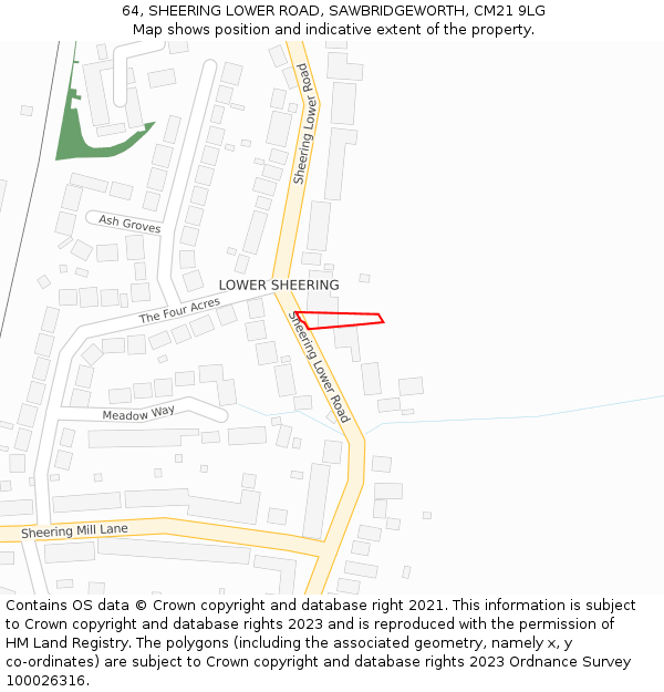 64, SHEERING LOWER ROAD, SAWBRIDGEWORTH, CM21 9LG: Location map and indicative extent of plot