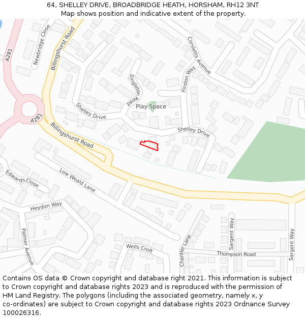 64, SHELLEY DRIVE, BROADBRIDGE HEATH, HORSHAM, RH12 3NT: Location map and indicative extent of plot