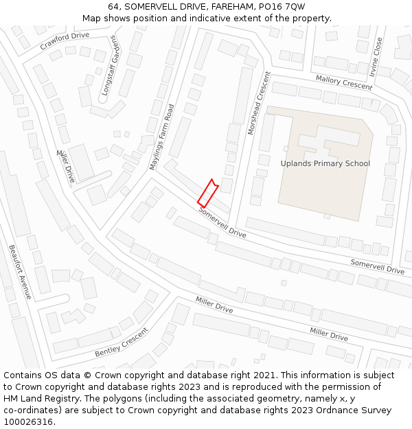 64, SOMERVELL DRIVE, FAREHAM, PO16 7QW: Location map and indicative extent of plot