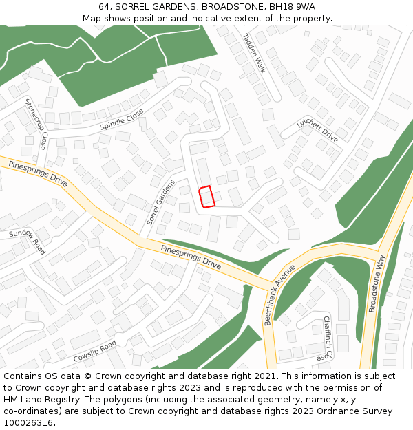 64, SORREL GARDENS, BROADSTONE, BH18 9WA: Location map and indicative extent of plot