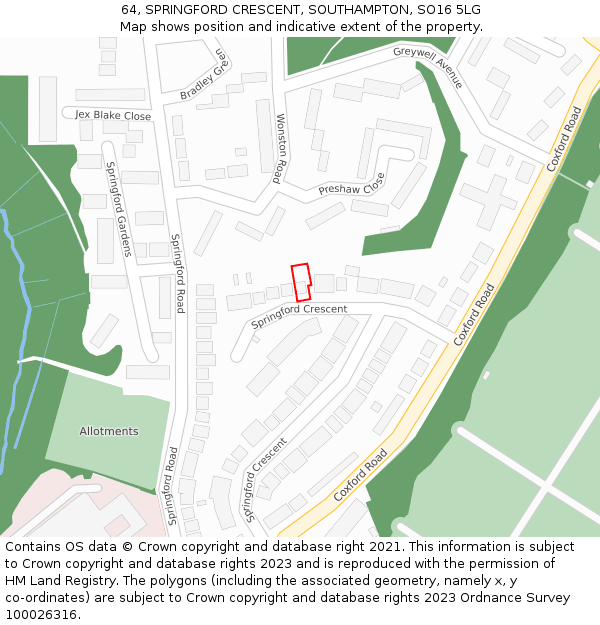 64, SPRINGFORD CRESCENT, SOUTHAMPTON, SO16 5LG: Location map and indicative extent of plot