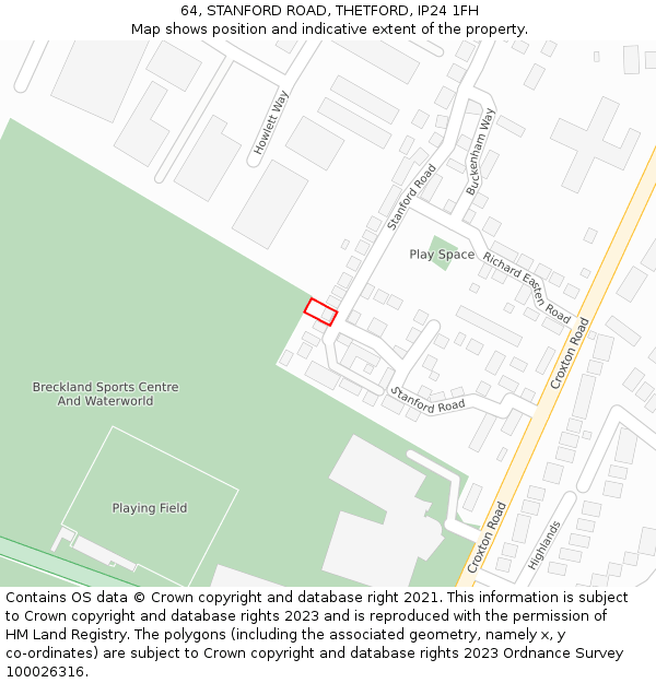 64, STANFORD ROAD, THETFORD, IP24 1FH: Location map and indicative extent of plot