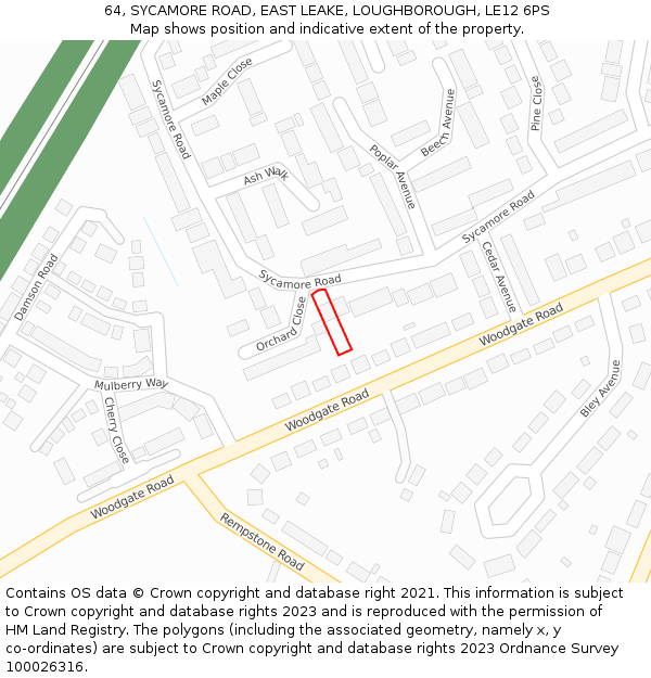 64, SYCAMORE ROAD, EAST LEAKE, LOUGHBOROUGH, LE12 6PS: Location map and indicative extent of plot