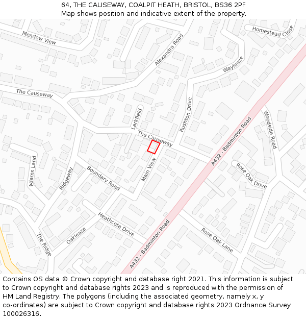 64, THE CAUSEWAY, COALPIT HEATH, BRISTOL, BS36 2PF: Location map and indicative extent of plot