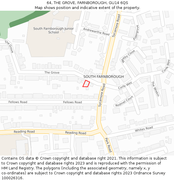 64, THE GROVE, FARNBOROUGH, GU14 6QS: Location map and indicative extent of plot