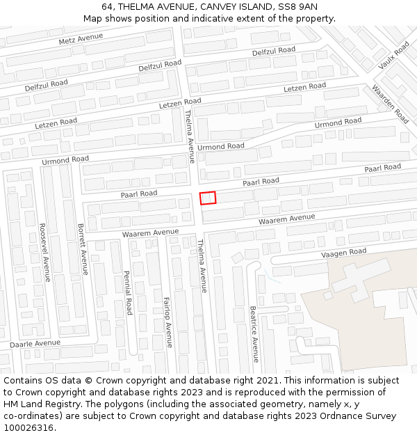 64, THELMA AVENUE, CANVEY ISLAND, SS8 9AN: Location map and indicative extent of plot