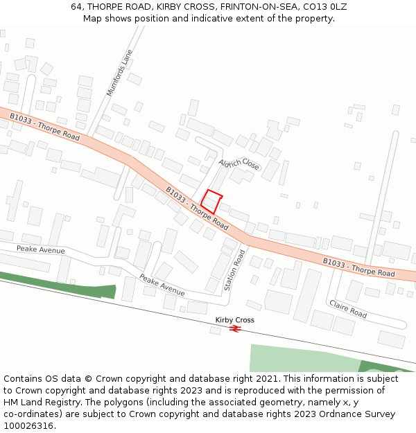64, THORPE ROAD, KIRBY CROSS, FRINTON-ON-SEA, CO13 0LZ: Location map and indicative extent of plot