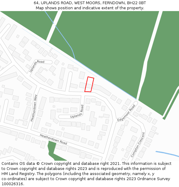 64, UPLANDS ROAD, WEST MOORS, FERNDOWN, BH22 0BT: Location map and indicative extent of plot