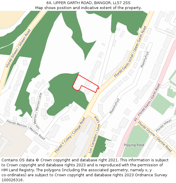 64, UPPER GARTH ROAD, BANGOR, LL57 2SS: Location map and indicative extent of plot