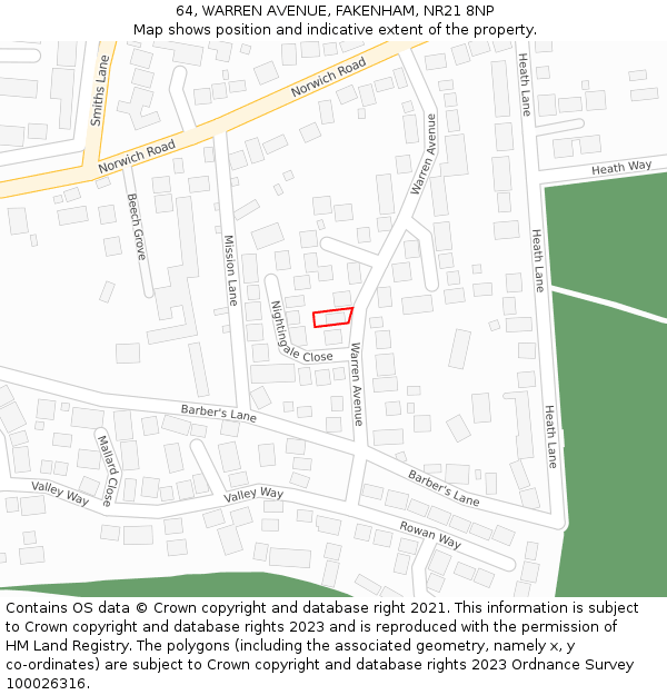 64, WARREN AVENUE, FAKENHAM, NR21 8NP: Location map and indicative extent of plot