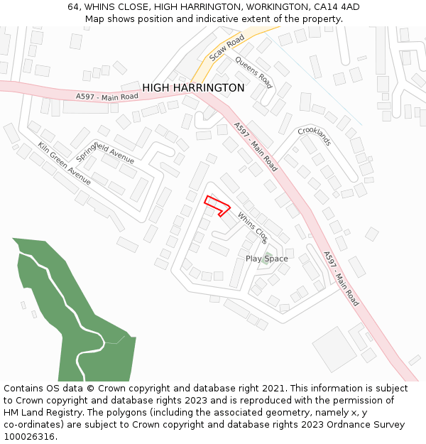 64, WHINS CLOSE, HIGH HARRINGTON, WORKINGTON, CA14 4AD: Location map and indicative extent of plot