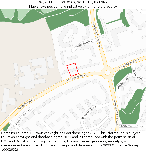 64, WHITEFIELDS ROAD, SOLIHULL, B91 3NY: Location map and indicative extent of plot