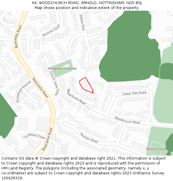 64, WOODCHURCH ROAD, ARNOLD, NOTTINGHAM, NG5 8NJ: Location map and indicative extent of plot