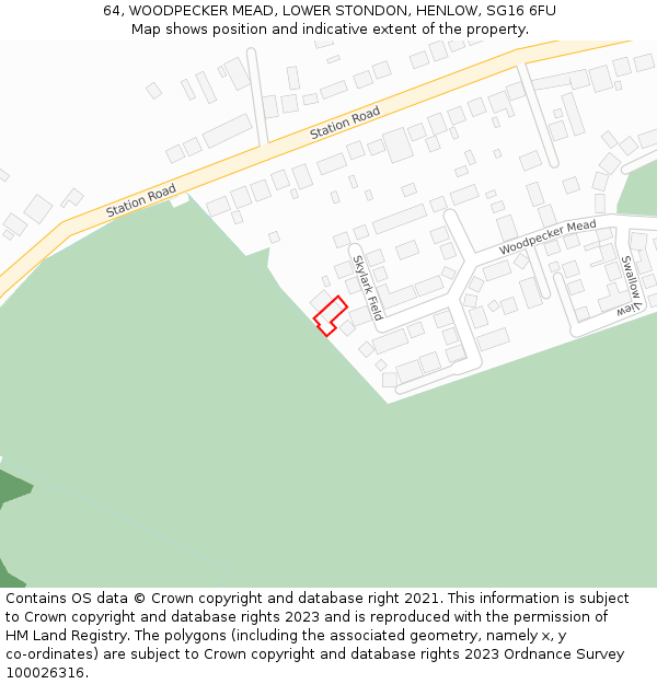 64, WOODPECKER MEAD, LOWER STONDON, HENLOW, SG16 6FU: Location map and indicative extent of plot