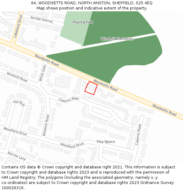 64, WOODSETTS ROAD, NORTH ANSTON, SHEFFIELD, S25 4EQ: Location map and indicative extent of plot