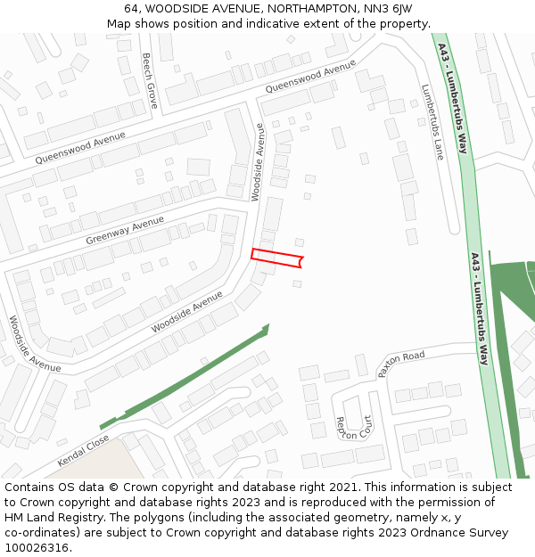 64, WOODSIDE AVENUE, NORTHAMPTON, NN3 6JW: Location map and indicative extent of plot