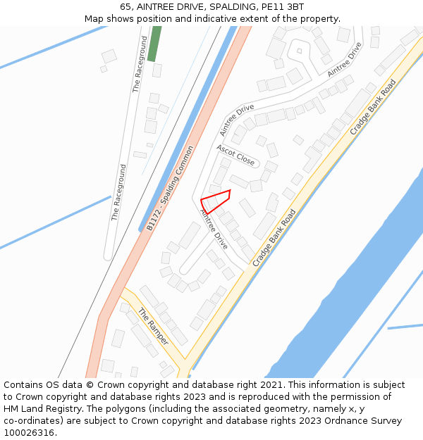 65, AINTREE DRIVE, SPALDING, PE11 3BT: Location map and indicative extent of plot