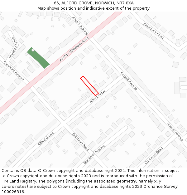 65, ALFORD GROVE, NORWICH, NR7 8XA: Location map and indicative extent of plot