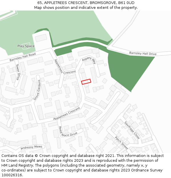 65, APPLETREES CRESCENT, BROMSGROVE, B61 0UD: Location map and indicative extent of plot