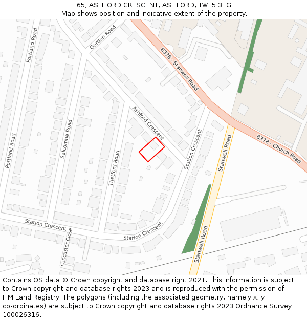 65, ASHFORD CRESCENT, ASHFORD, TW15 3EG: Location map and indicative extent of plot