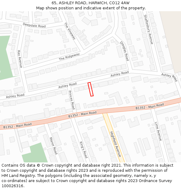 65, ASHLEY ROAD, HARWICH, CO12 4AW: Location map and indicative extent of plot