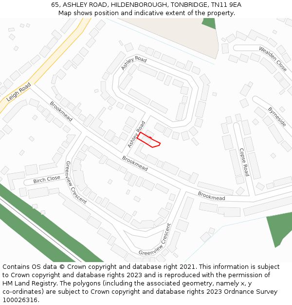 65, ASHLEY ROAD, HILDENBOROUGH, TONBRIDGE, TN11 9EA: Location map and indicative extent of plot