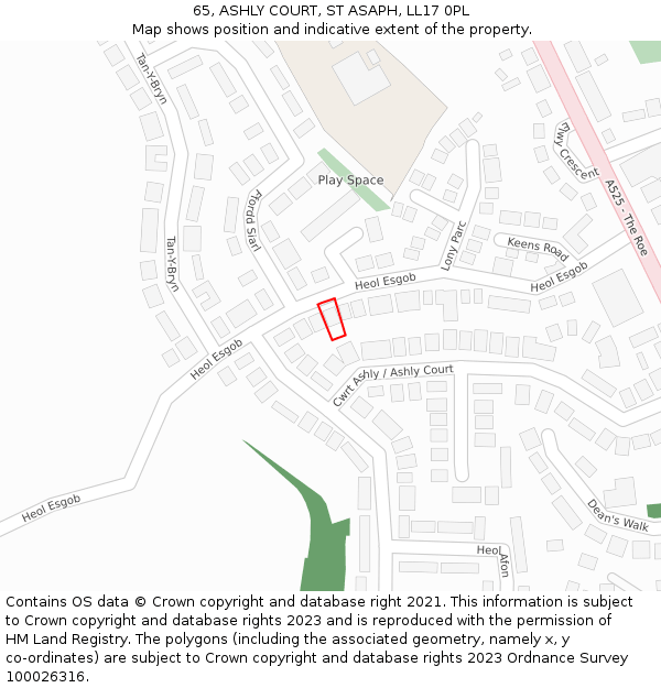 65, ASHLY COURT, ST ASAPH, LL17 0PL: Location map and indicative extent of plot