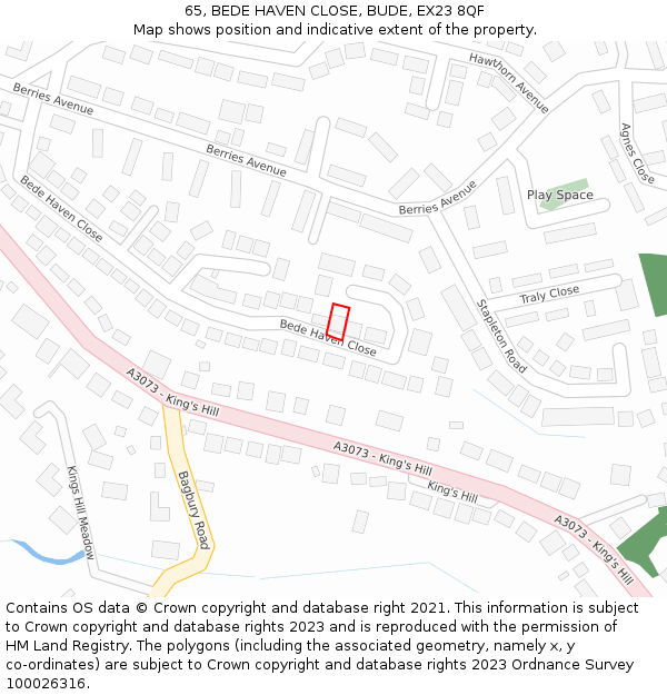 65, BEDE HAVEN CLOSE, BUDE, EX23 8QF: Location map and indicative extent of plot