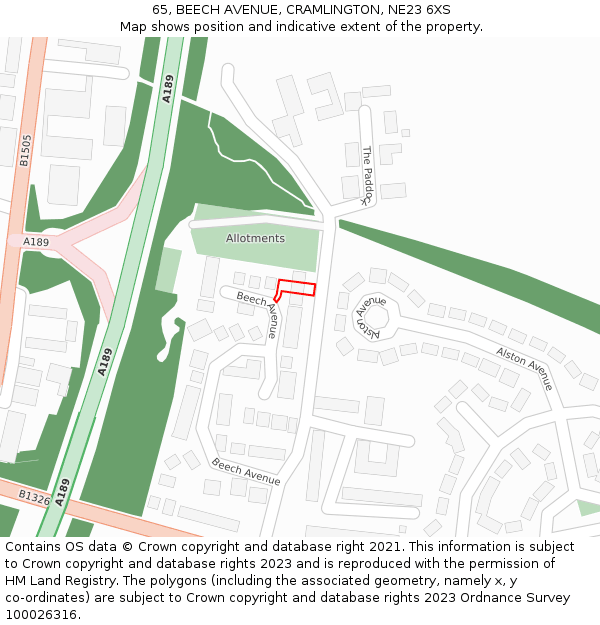 65, BEECH AVENUE, CRAMLINGTON, NE23 6XS: Location map and indicative extent of plot