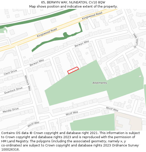 65, BERWYN WAY, NUNEATON, CV10 8QW: Location map and indicative extent of plot
