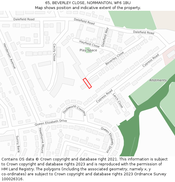 65, BEVERLEY CLOSE, NORMANTON, WF6 1BU: Location map and indicative extent of plot