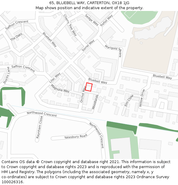 65, BLUEBELL WAY, CARTERTON, OX18 1JG: Location map and indicative extent of plot