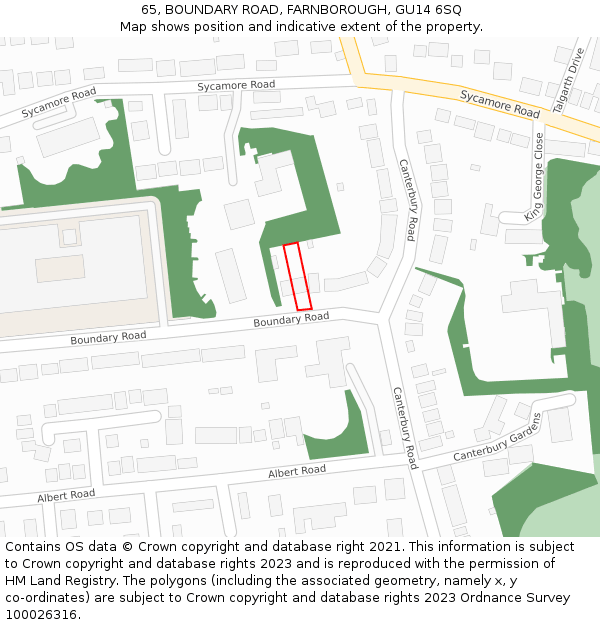 65, BOUNDARY ROAD, FARNBOROUGH, GU14 6SQ: Location map and indicative extent of plot