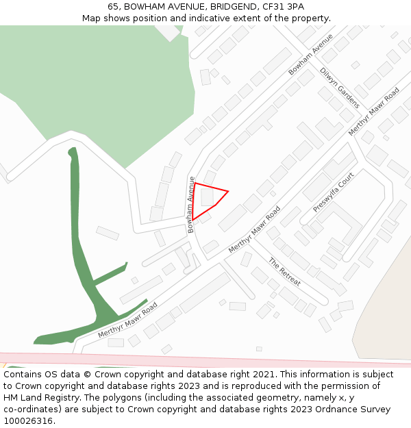 65, BOWHAM AVENUE, BRIDGEND, CF31 3PA: Location map and indicative extent of plot