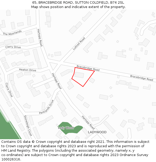 65, BRACEBRIDGE ROAD, SUTTON COLDFIELD, B74 2SL: Location map and indicative extent of plot