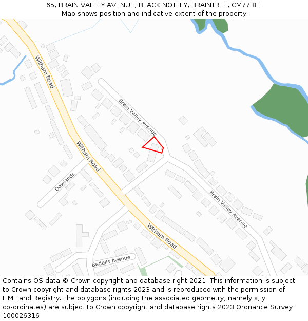 65, BRAIN VALLEY AVENUE, BLACK NOTLEY, BRAINTREE, CM77 8LT: Location map and indicative extent of plot