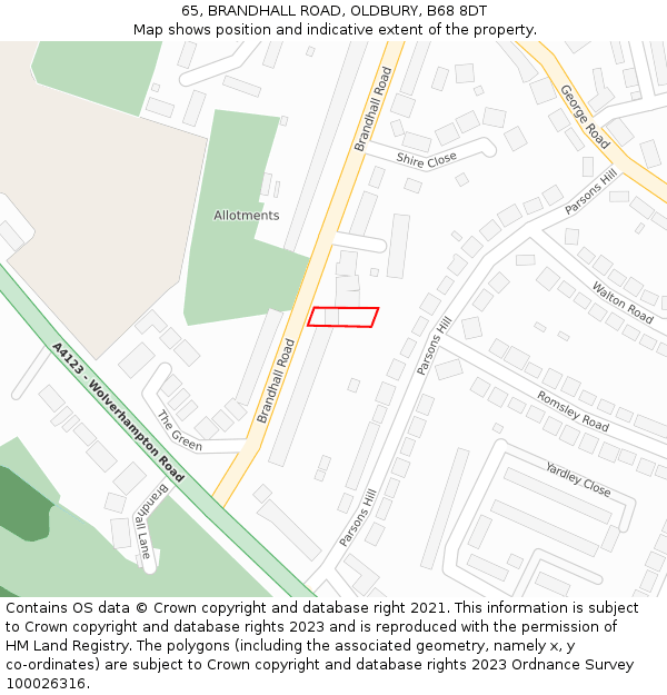 65, BRANDHALL ROAD, OLDBURY, B68 8DT: Location map and indicative extent of plot