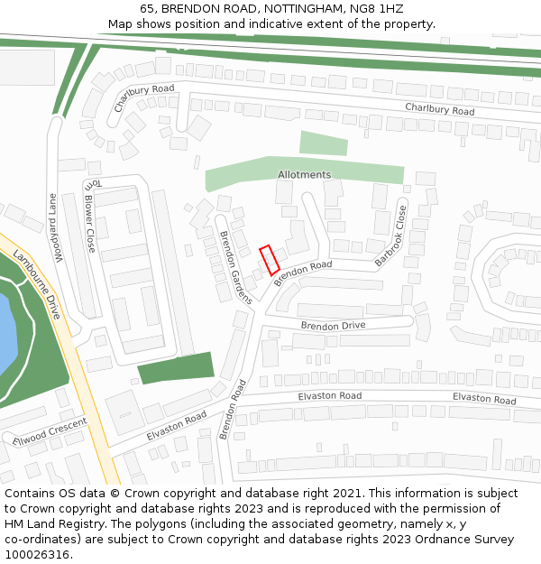 65, BRENDON ROAD, NOTTINGHAM, NG8 1HZ: Location map and indicative extent of plot