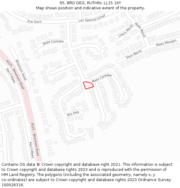 65, BRO DEG, RUTHIN, LL15 1XY: Location map and indicative extent of plot