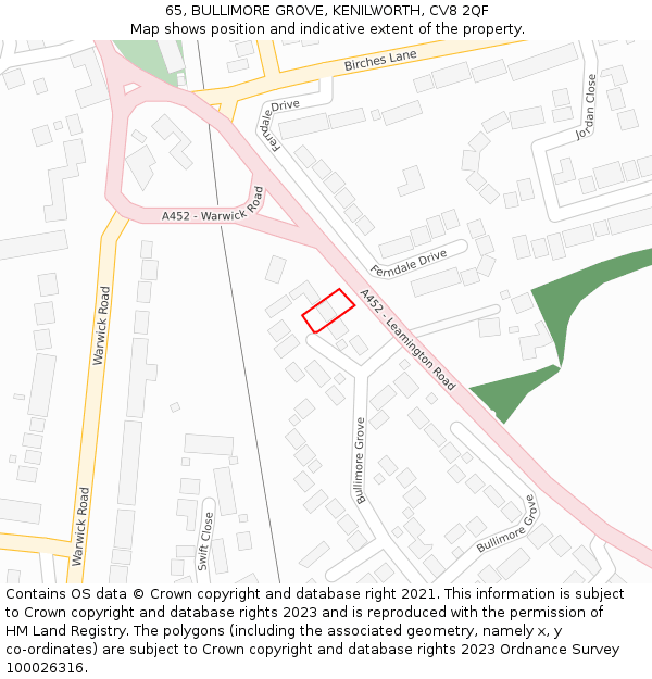 65, BULLIMORE GROVE, KENILWORTH, CV8 2QF: Location map and indicative extent of plot