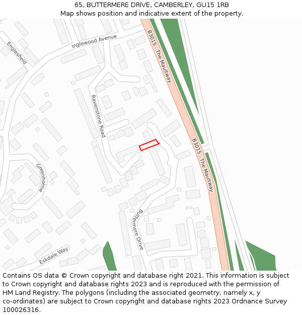 65, BUTTERMERE DRIVE, CAMBERLEY, GU15 1RB: Location map and indicative extent of plot