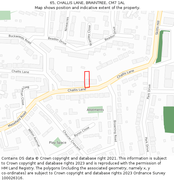 65, CHALLIS LANE, BRAINTREE, CM7 1AL: Location map and indicative extent of plot