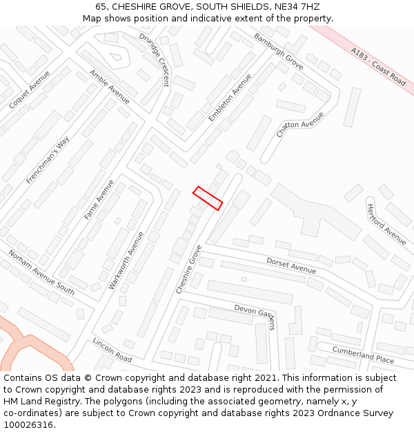 65, CHESHIRE GROVE, SOUTH SHIELDS, NE34 7HZ: Location map and indicative extent of plot