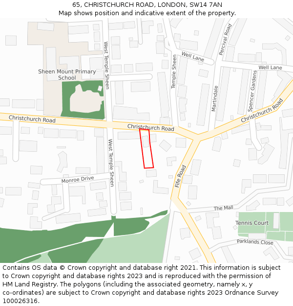 65, CHRISTCHURCH ROAD, LONDON, SW14 7AN: Location map and indicative extent of plot